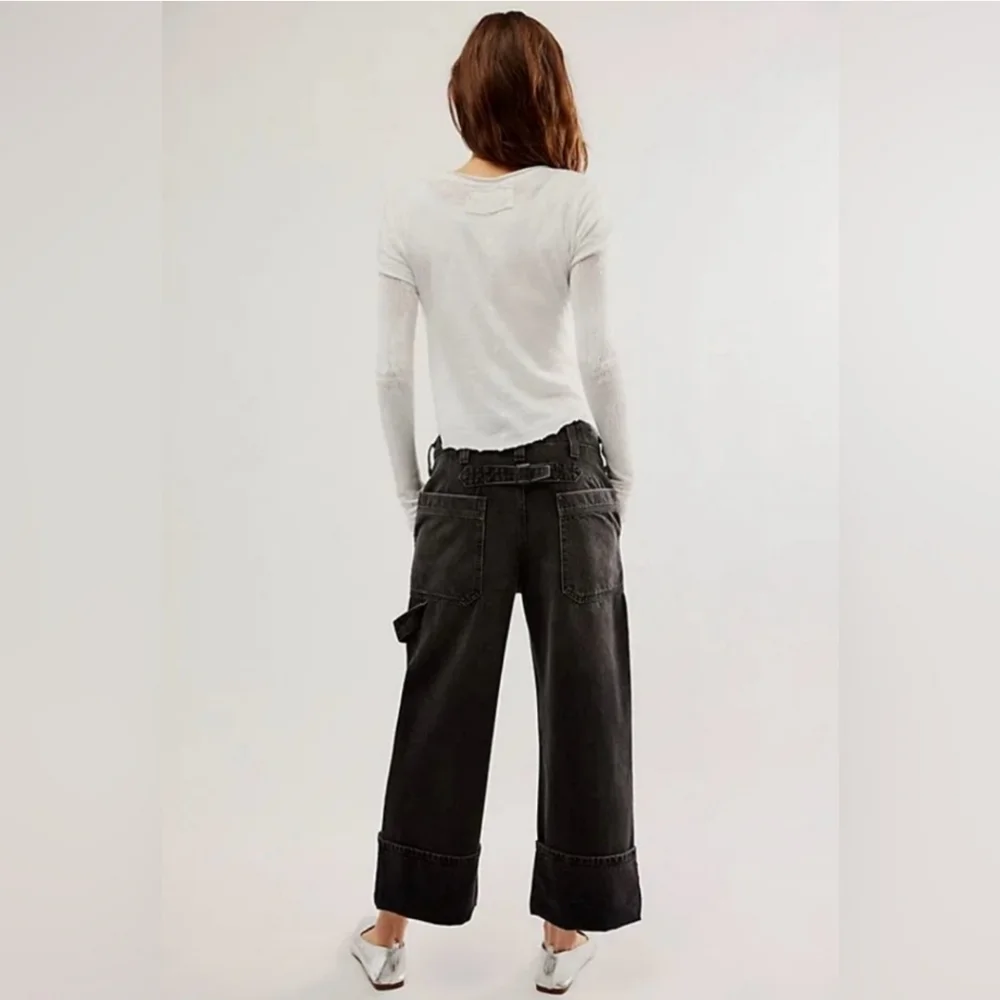 Free People Major Leagues Black Wide Leg Cuff Jeans Size 26 - Picture 4 of 15